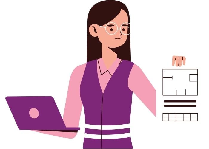 An employee in purple clothing holding a laptop and a piece of paper.
