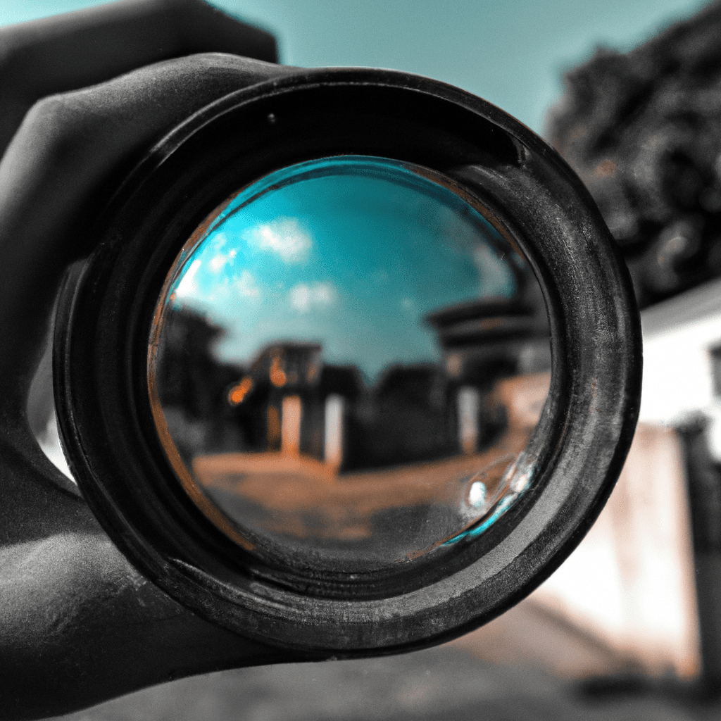 A person looking through the lens of a camera.