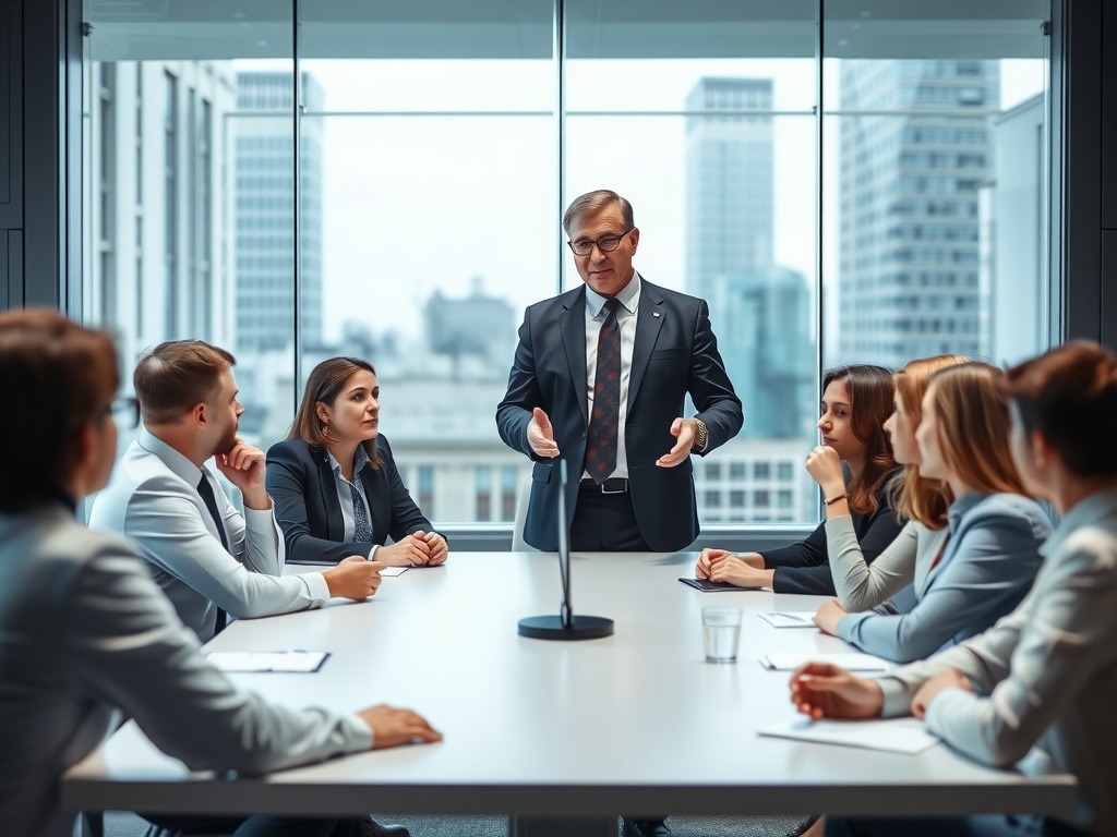 A business leader briefing his team about upcoming changes.
