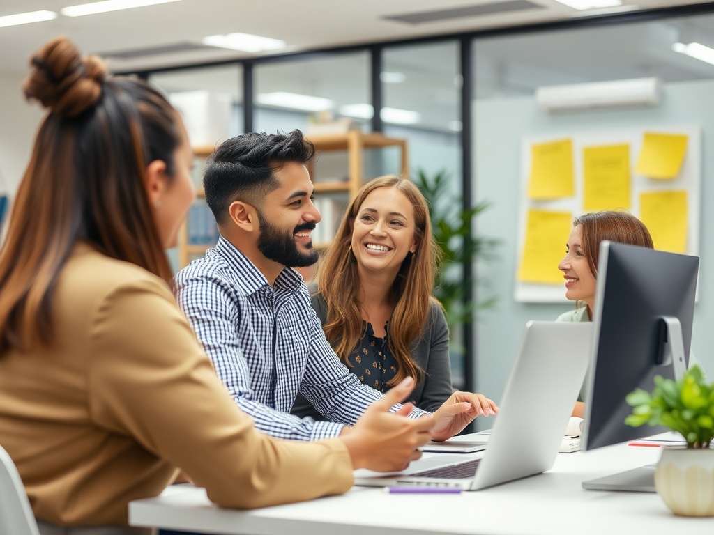 Two employees giving another employee feedback in the office.