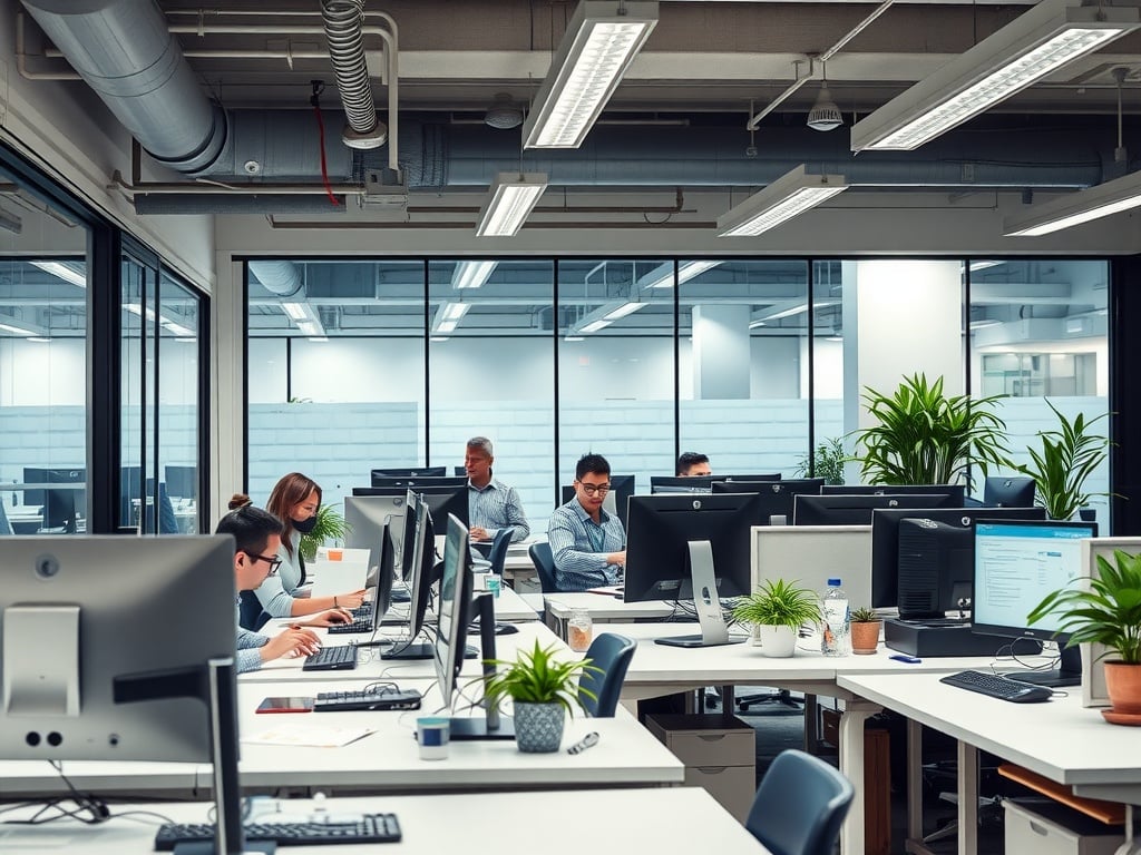 Employees working in an office area.