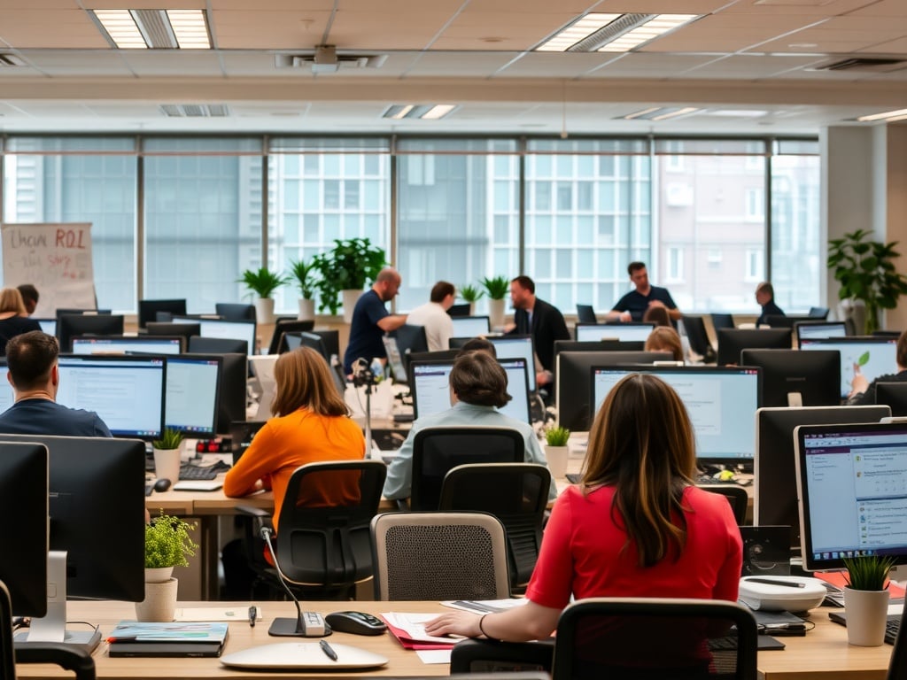 An office with people working on computers.
