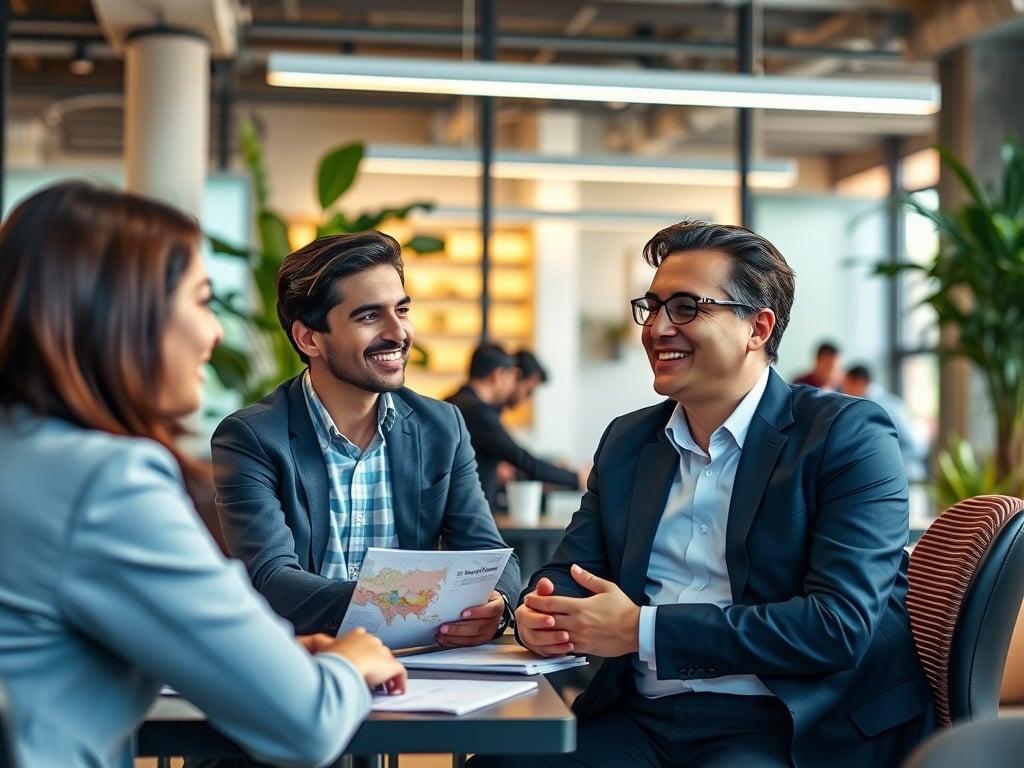 Three office workers having a good conversation.