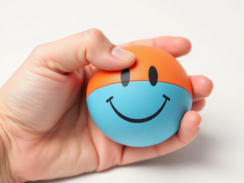 A hand holding a stress ball with a smiley face on it.