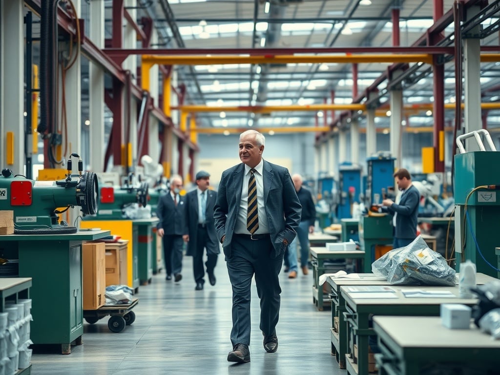 A leader walking through a factory looking over workers.