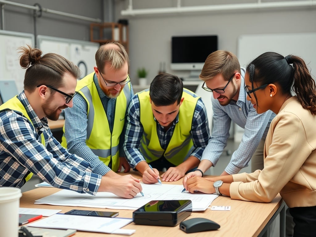Workers solving a problem together.