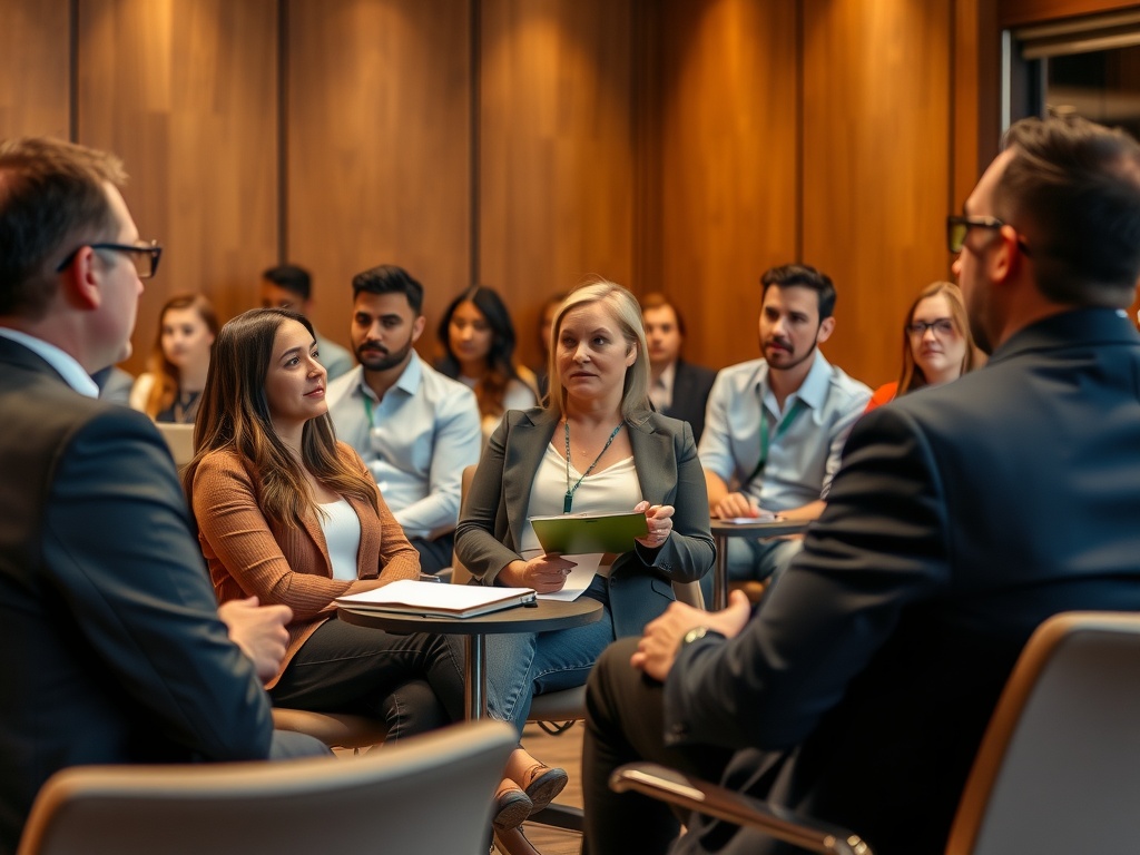 a group of business professionals sitting in a conference room receiving a briefing.