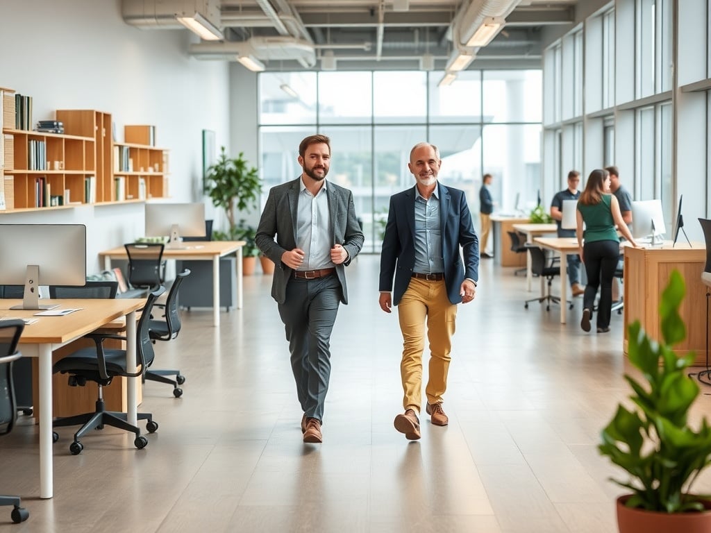 A modern workplace with a leader walking around.
