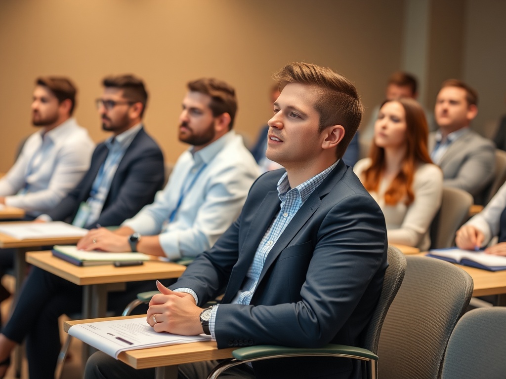 Professionals sitting in a classroom learning about management.
