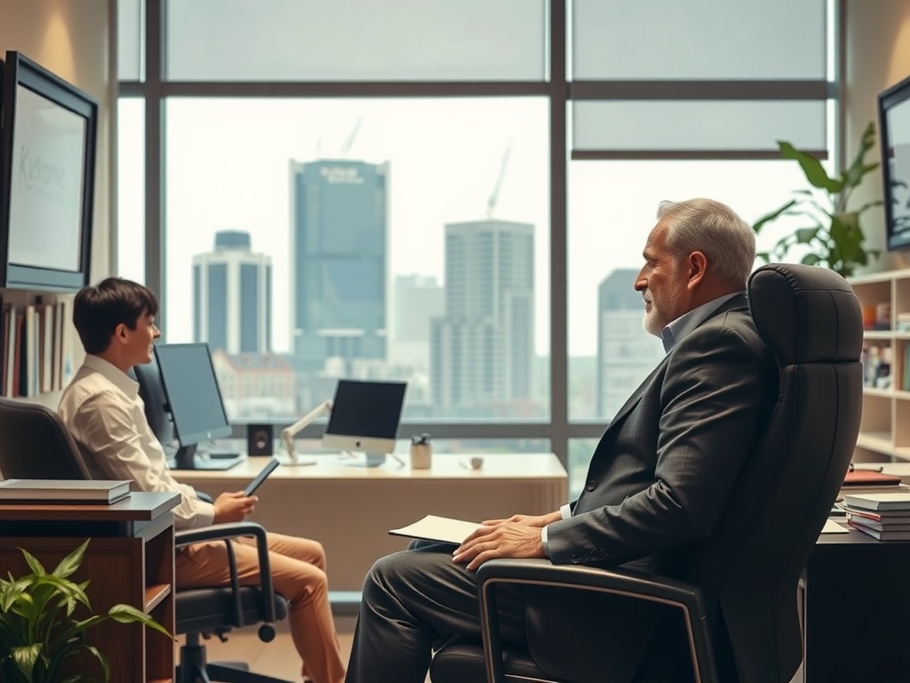 A traditional leader sitting in his corner office looking out at his employees.