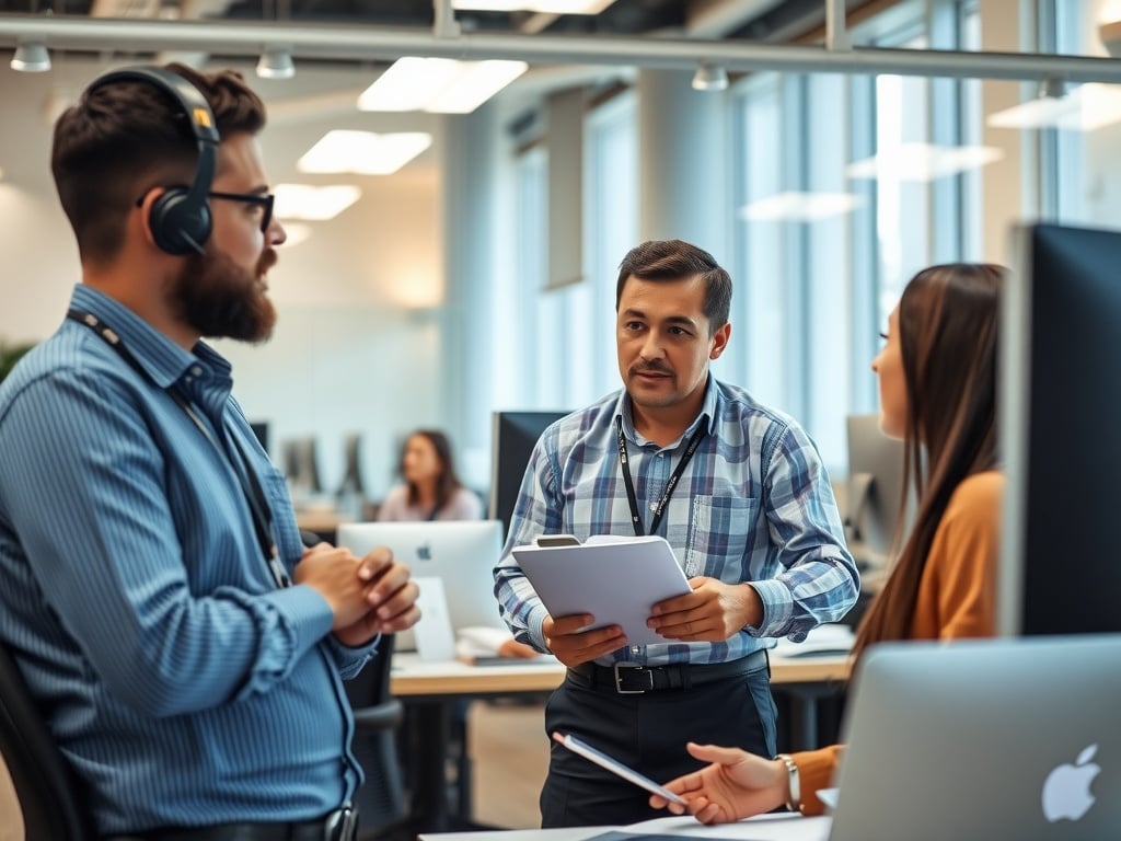 Workers chatting in an office.