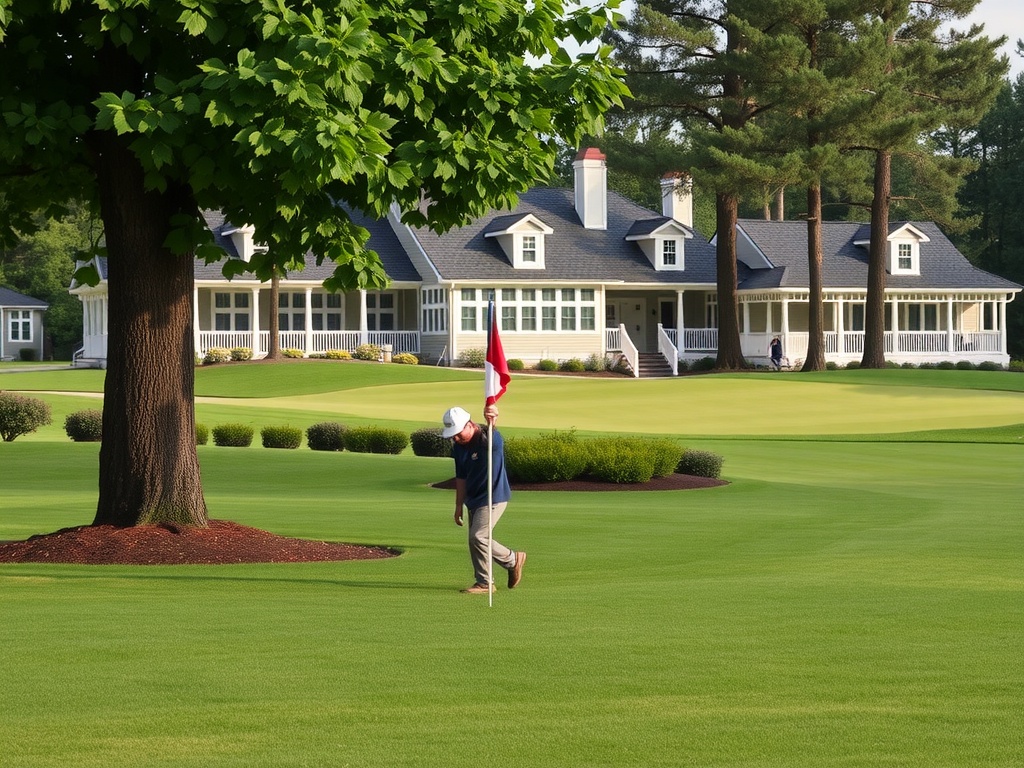 An image of a country club with a worker walking around.