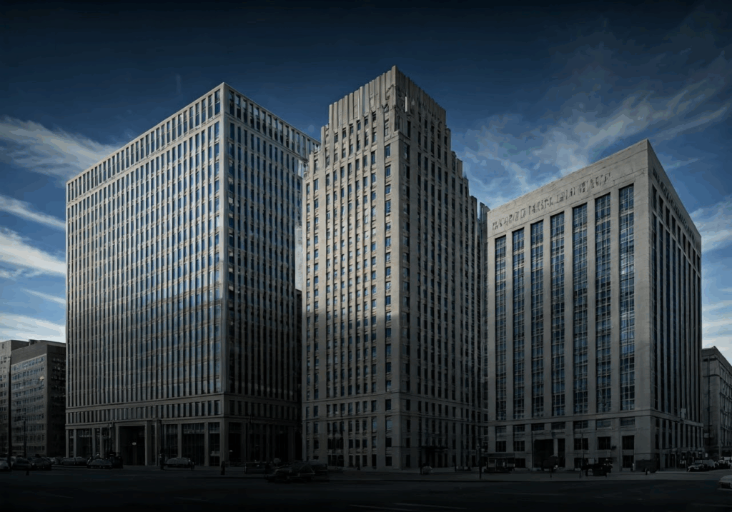 Corporate buildings symbolizing toxic leaders