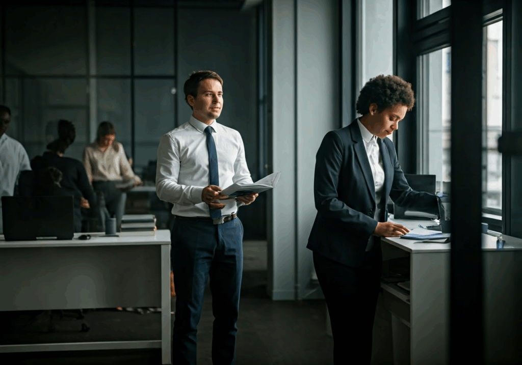 Office scene showing workplace favoritism.