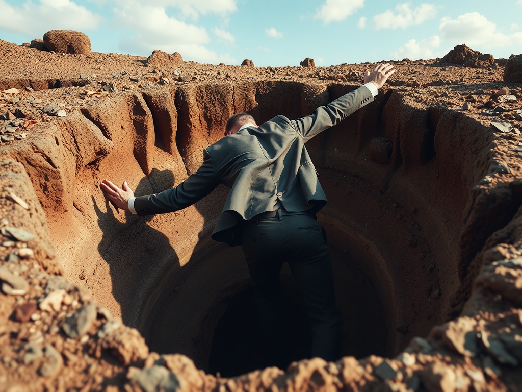 A man in a nice business suit walking into a large hole.