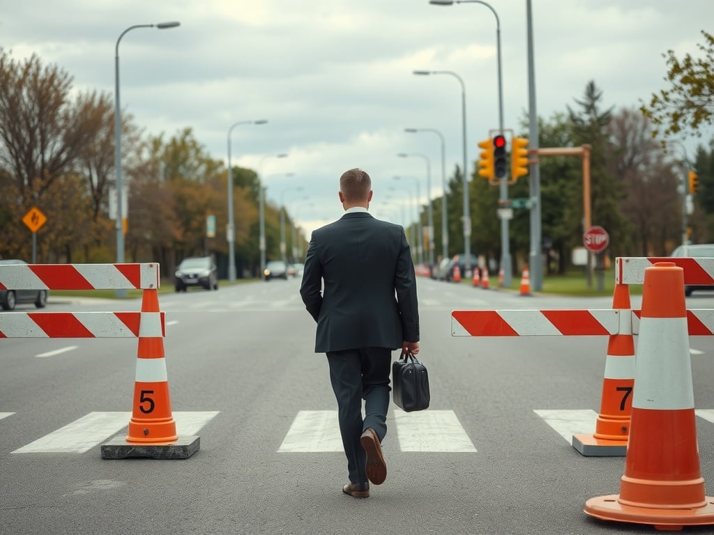 A man in a suit going through a roadblock.