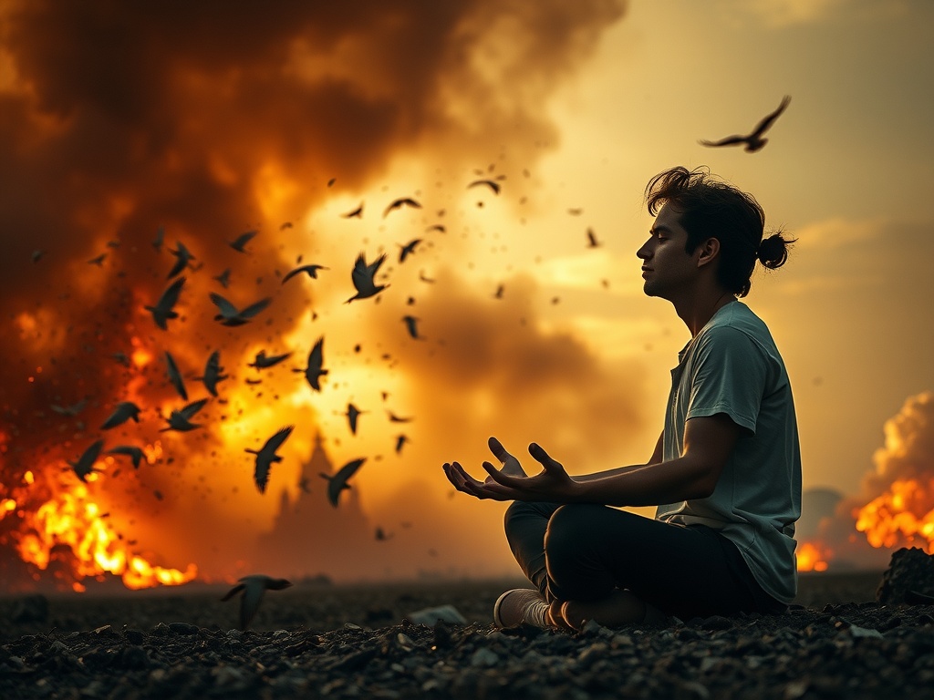 a person meditating with chaos going on around them
