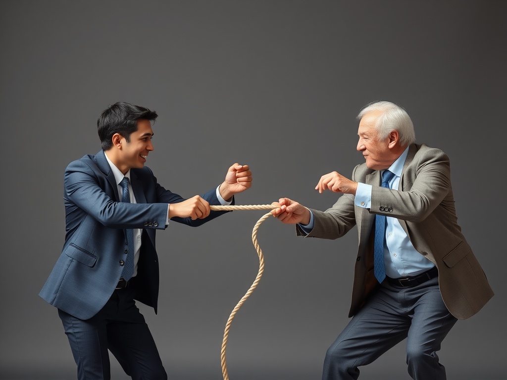 A young business leader on one side with an old leader on the other playing tug of war with a rope.