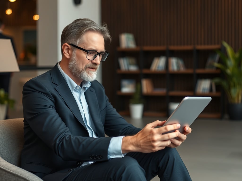 A business leader sitting down accessing a digital coaching tool.