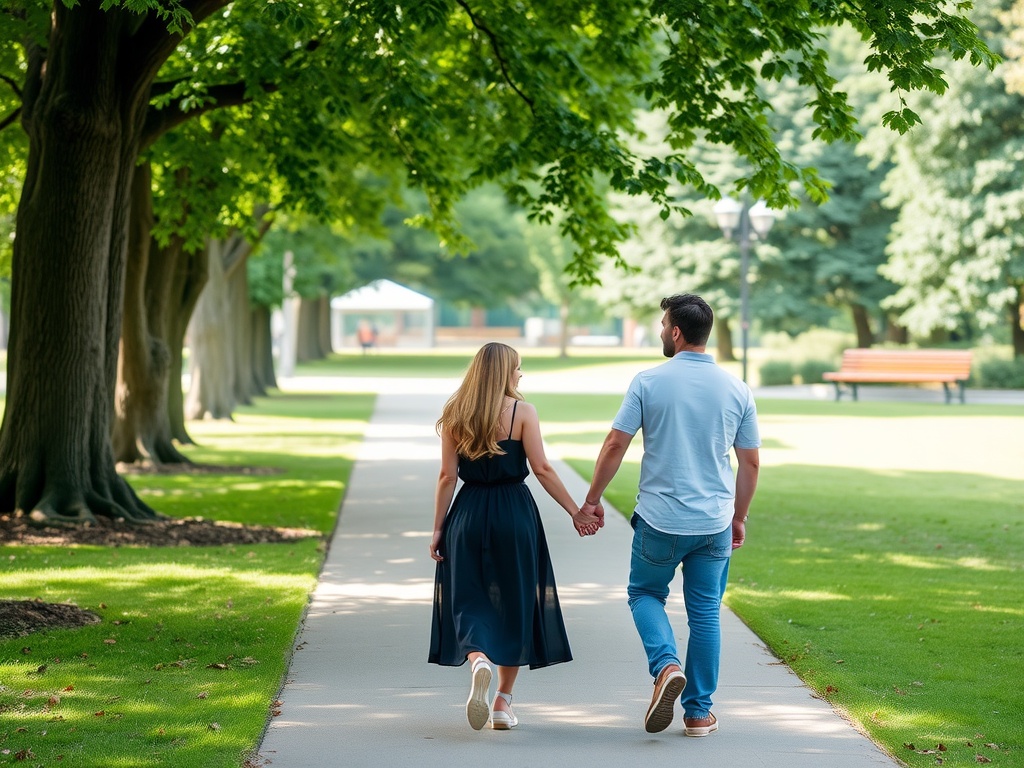 A couple walking through the park holding hands.