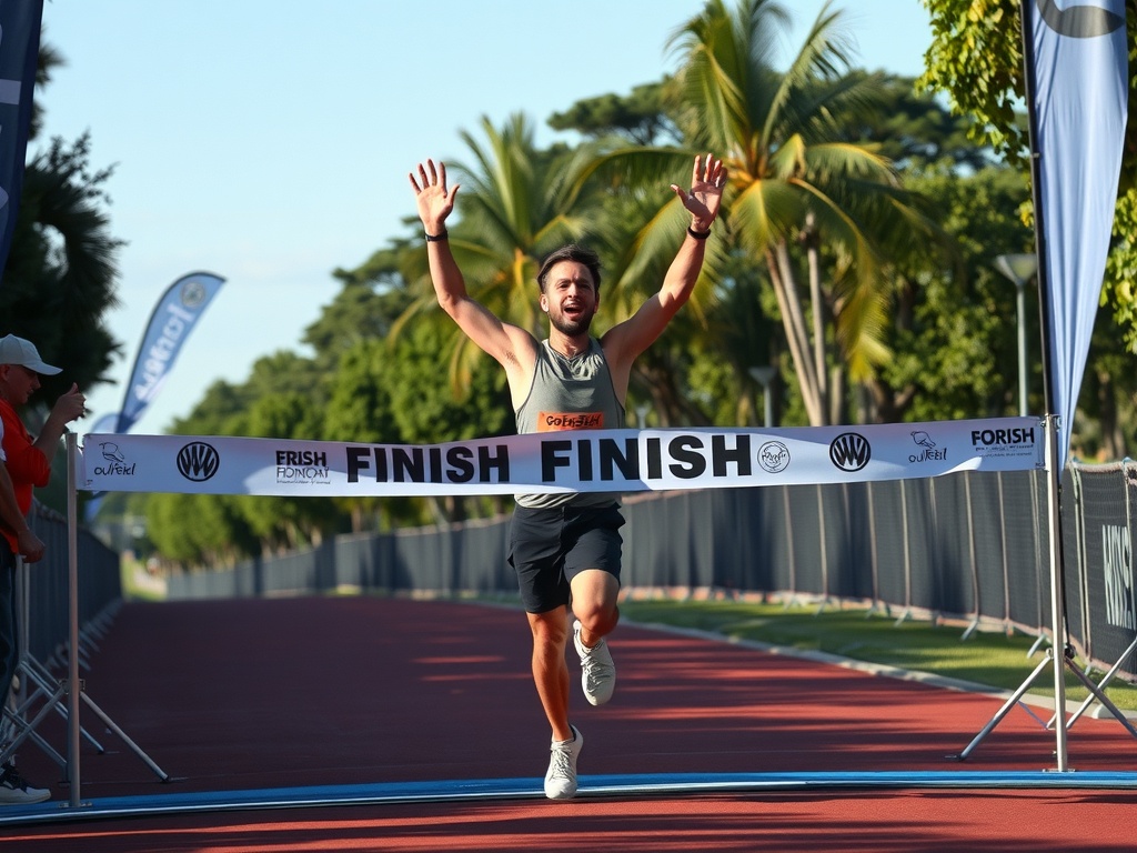 A person crossing a finish line with their hands in the air.