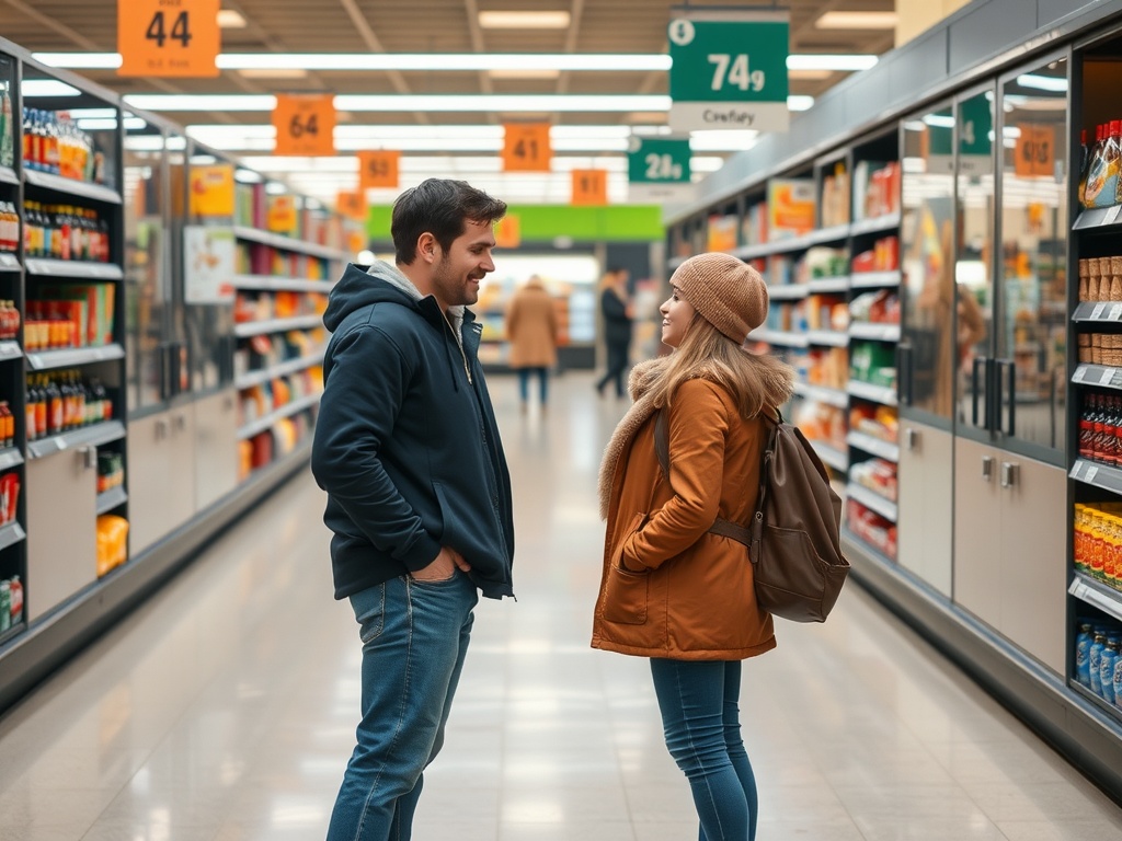 Two people having a conversation in the middle of a grocery store.