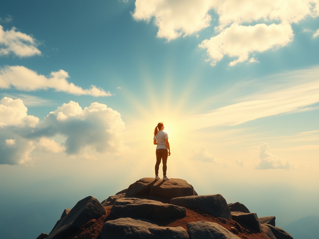 A lady standing on top of a rocky hill with the sun in the background.