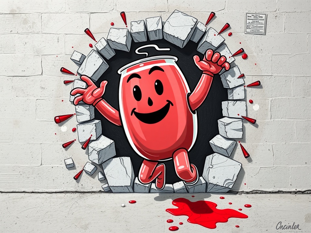 Kool Aid Man busting through a wall