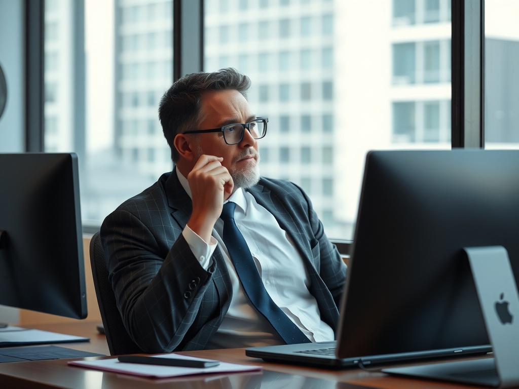 A business leader sitting at his desk, thinking.