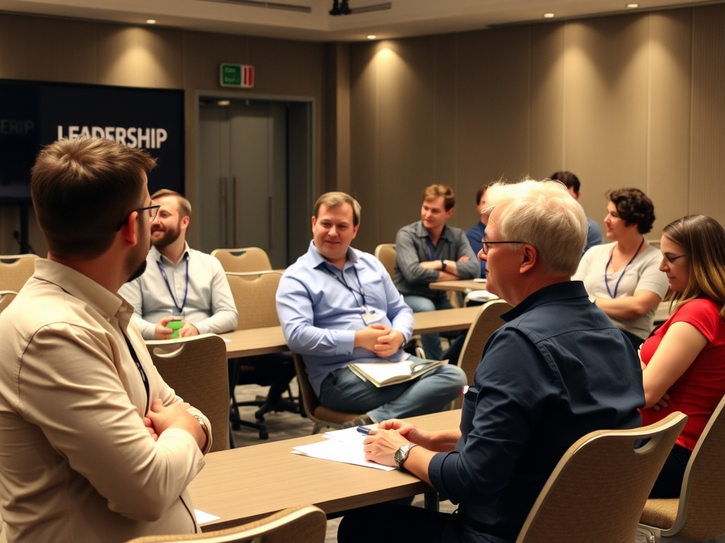 People sitting in a conference room doing leadership training.