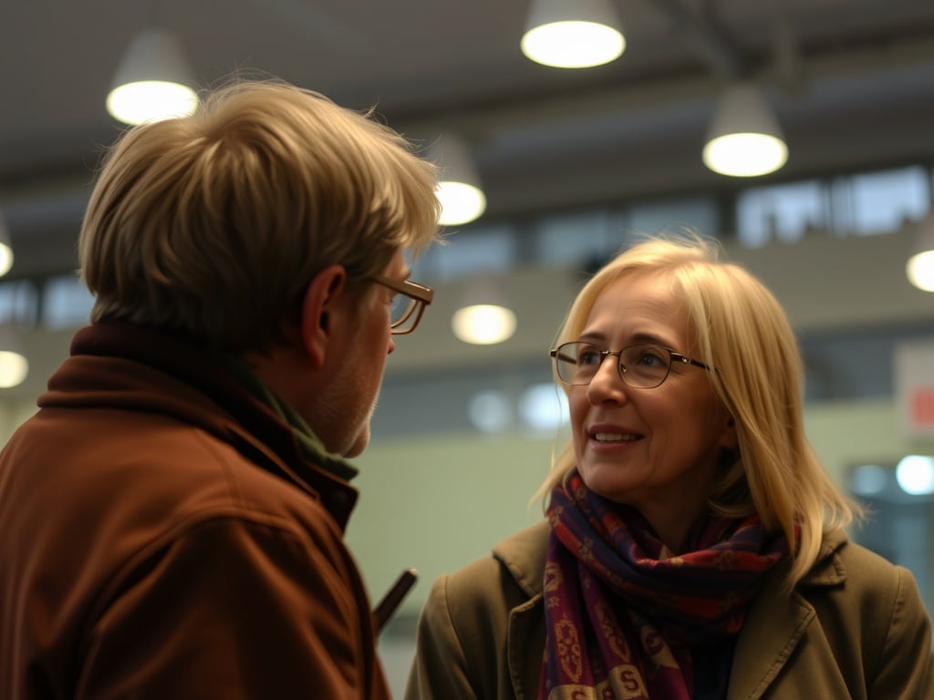 A person talking to another person trying to listen.
