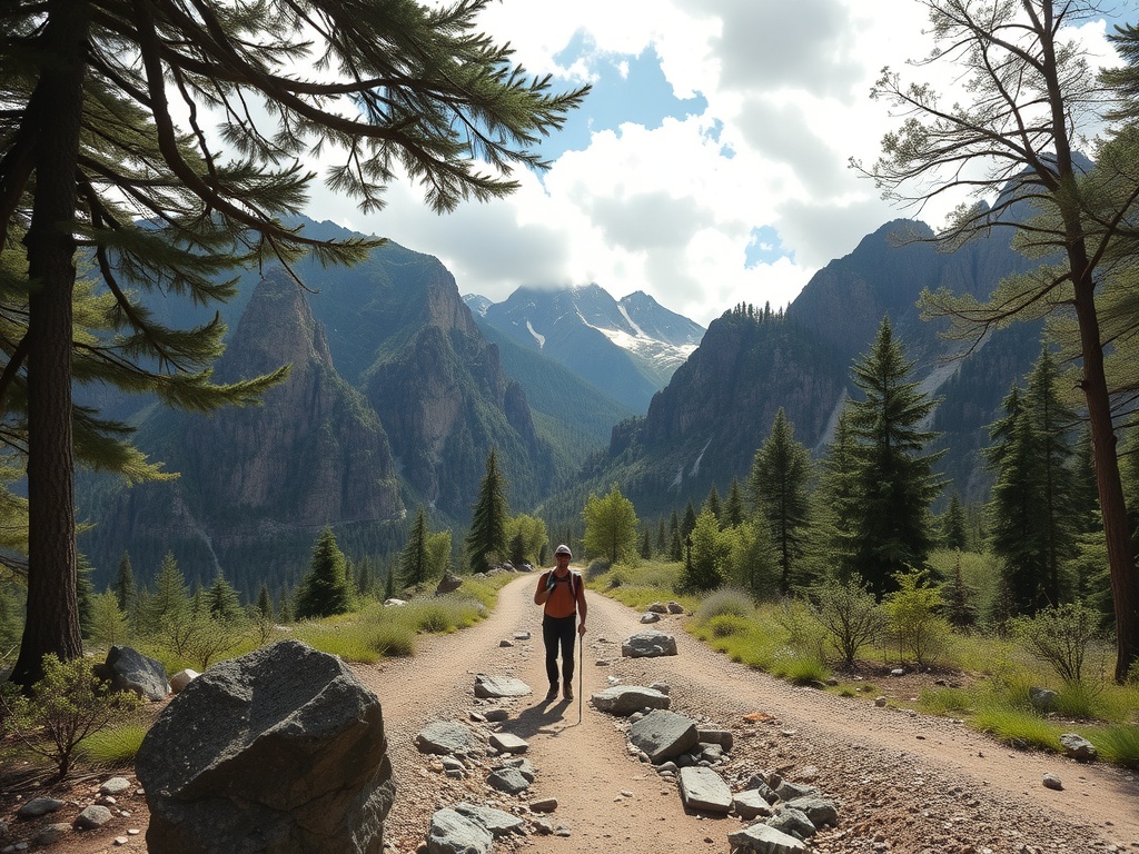 A man with a walking stick making his way up a trail with mountains in the background.