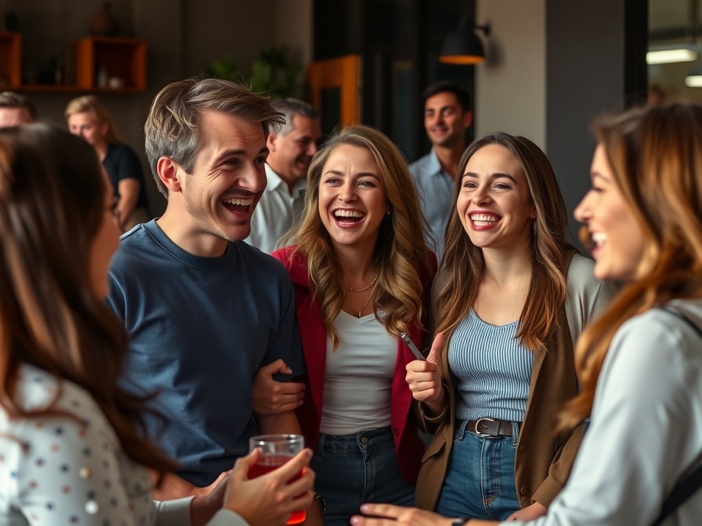 A group of people having a fun conversation, laughing.