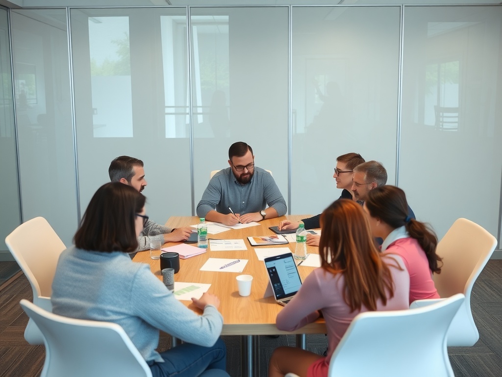 A team sitting around a conference table conducting a brainstorming session.
