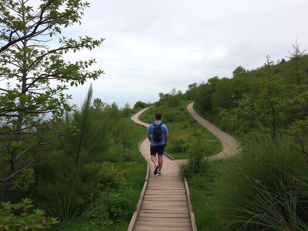 A person looking down multiple paths of a trail.
